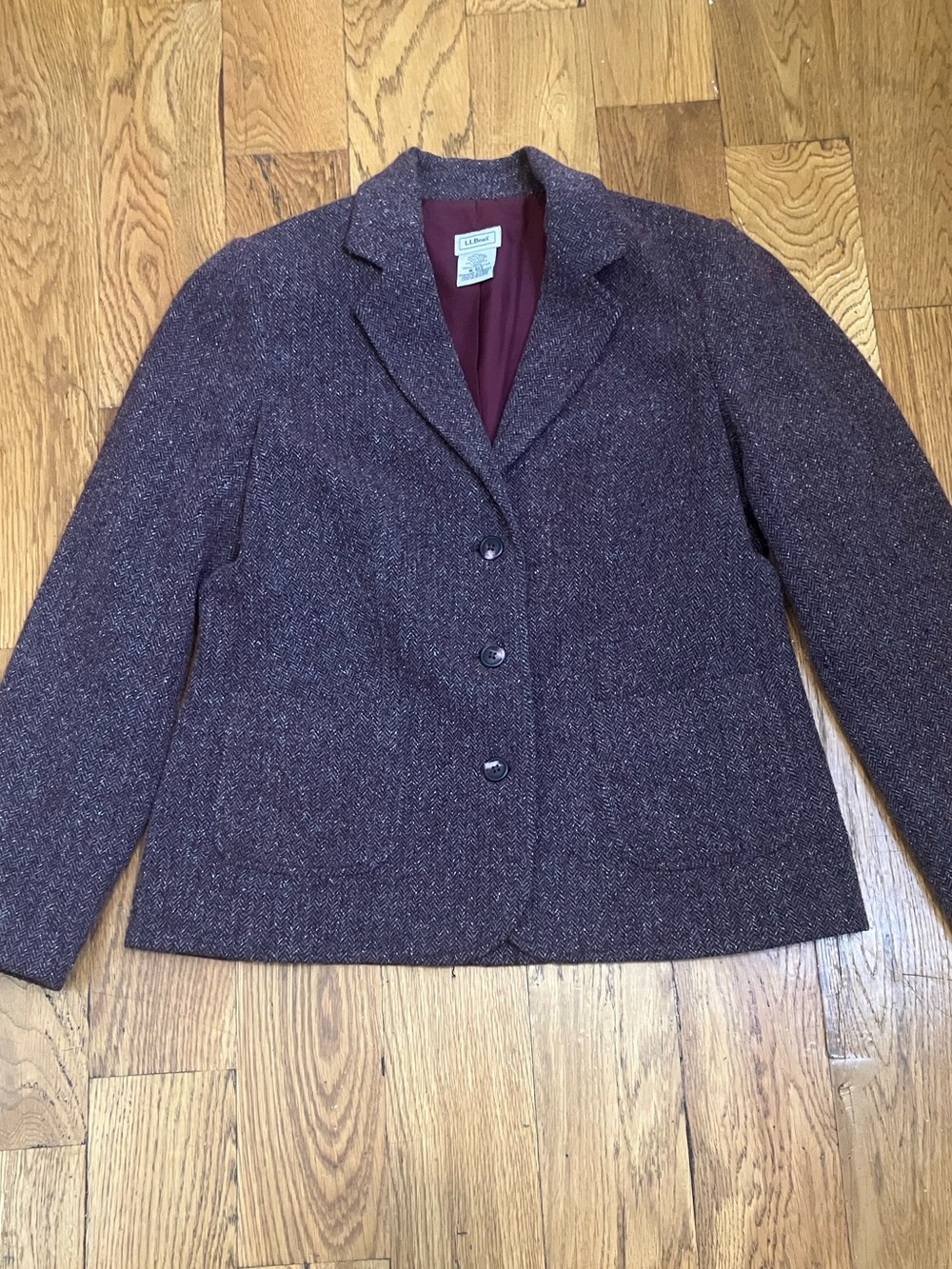 LL Bean Blazer Purple Burgundy Wool Silk Tweed Herringbone Jacket Medium Used